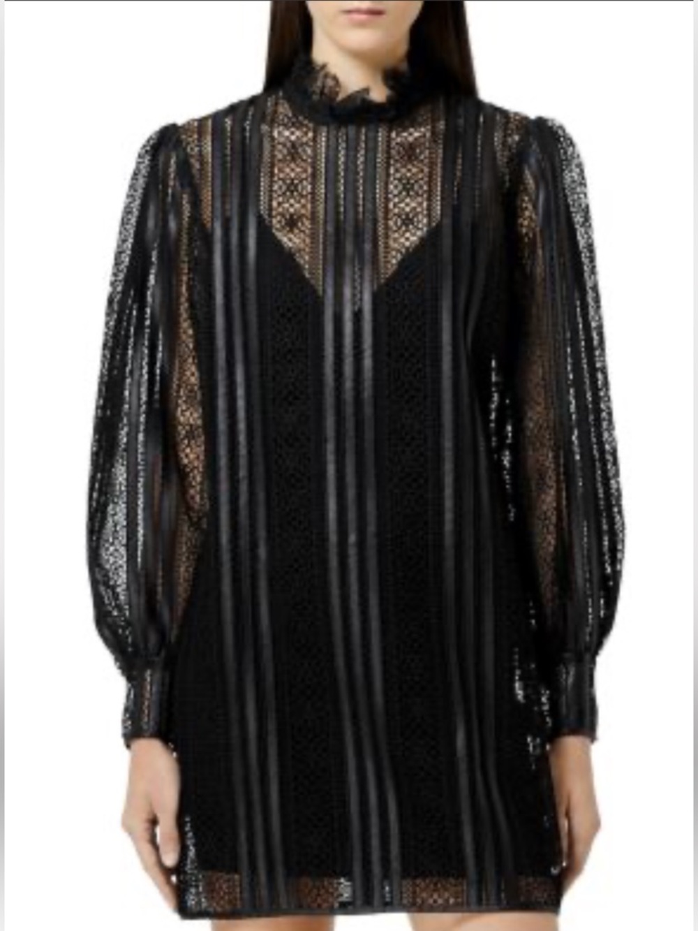 The Kooples Faux Leather Trim Dress Black Lace Long-Sleeve Mini NWT (Sz 3 Euro)